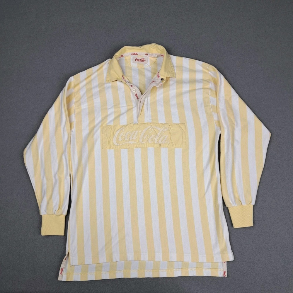 Vintage Coca-Cola Rugby Shirt Mens Medium Yellow Striped‎ Long Sleeve Cotton 80s